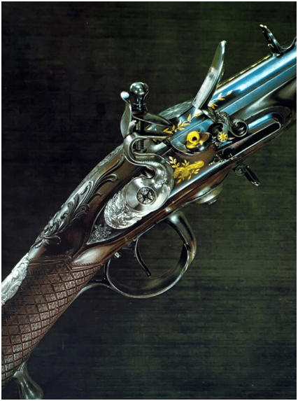 9. Um exemplo num belíssimo fecho flintlock fabricado pelo britânico Patrick Ferguson